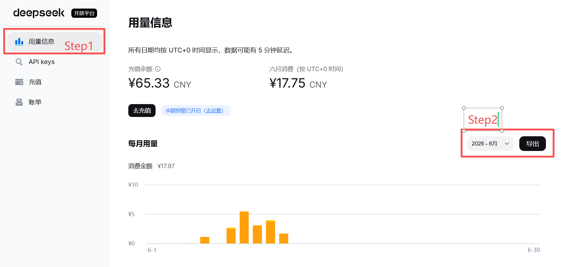 在 DeepSeek 平台用量页面导出月度数据，下载含 amount 与 cost CSV 的 ZIP 压缩包