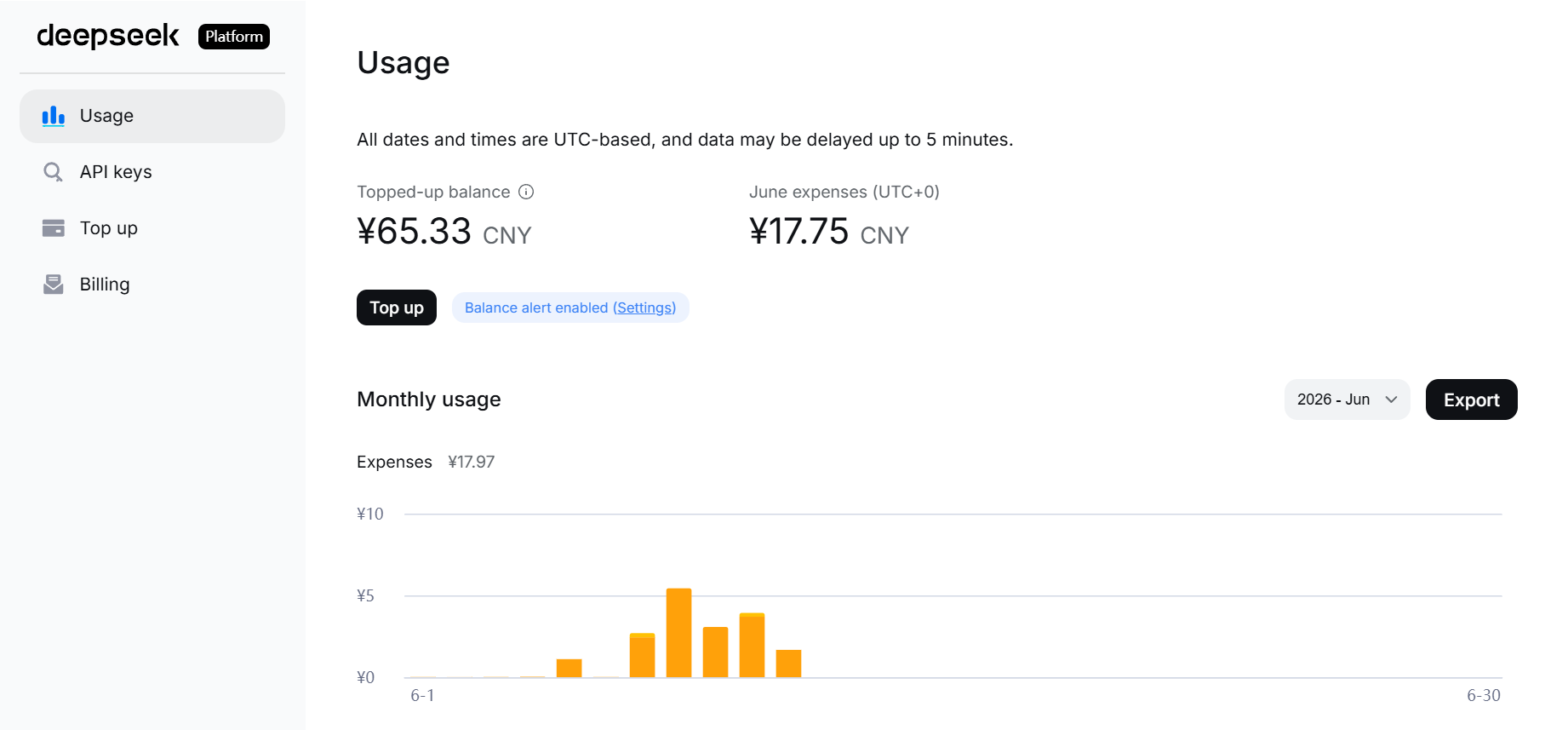 Export monthly data from the DeepSeek Platform usage page — downloads a ZIP with amount and cost CSVs